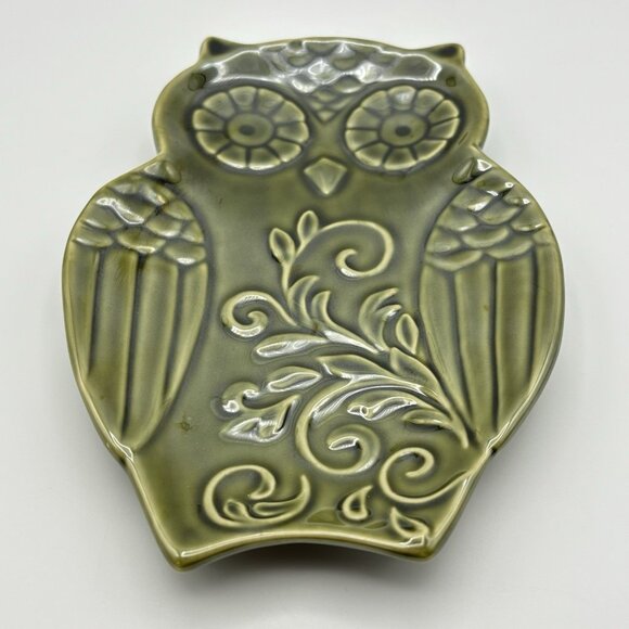 Owl Shaped Spoon Rest Green Ceramic Pottery Utensil Trivet Stovetop Decor Glossy - Picture 1 of 16